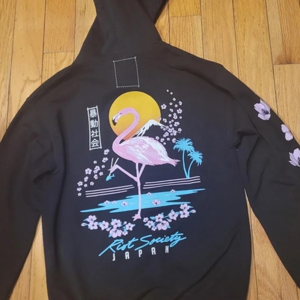 Riot Society Black Hoodie with Pink Flamingo and Cherry Blossoms